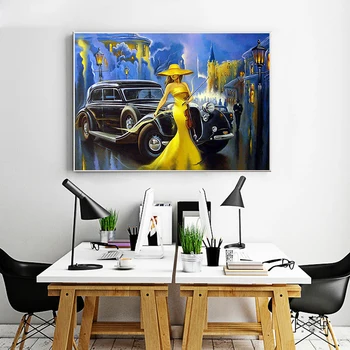 Klasiskā Auto Meitene vijolnieks Abstraktas Modes Stila Kanvas Glezna Mākslas Izdrukāt Plakātu Grafiskās Sienas Dzīvojamā Istabā, Mājas Dekoru