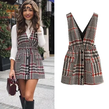 Kleita sievietēm gadījuma Britu Stila Sieviete-tweed izšūta kleita Laukumā pārbaudīt Vintage bez piedurknēm sexy rudens Vestidos fladas 2020 za