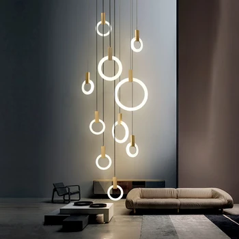 Koka gredzens LED lustras apgaismojums iekštelpu mājas dubultā kāpnes karājas lampas modernās viesistabas, guļamistabas ilgi karājas gaismas