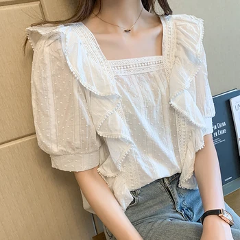 Korejas modes Laukumā apkakles Mežģīņu Topi Vasaras Retro Balta Blūze Īsām piedurknēm Mežģīņu Sieviešu krekls blusa feminina