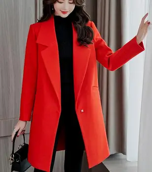 Korejas mīksti Vilnas Maisījums Mētelis Sievietēm ar garām Piedurknēm Savukārt Apkakle Outwear Jaka Gadījuma Rudens Ziemas sarkans melns Elegants Mētelis