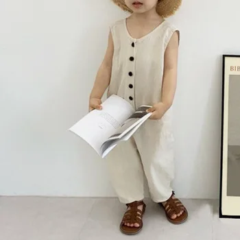 Korejas Zēni'Summer Meitene nēsā cute maz pogu, bikses un ikdienas bikses V-veida Kakla Cieto baby romper jumsuit puiku drēbes