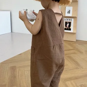 Korejas Zēni'Summer Meitene nēsā cute maz pogu, bikses un ikdienas bikses V-veida Kakla Cieto baby romper jumsuit puiku drēbes