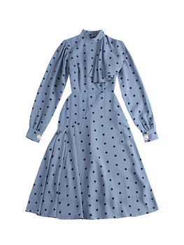 Le Palais Vintage 2019 Fall Winter Oriģinālo Vintage Elegants Morandi Blue Dot Ilgi Laternu Piedurknēm Pārklājus Sieviešu Kleita, Pusgarās