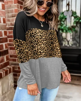 Leopard Raibs T-krekls Sieviete ar garām Piedurknēm Topi Tee Krekli, Sieviešu Apģērbu 2021. Gada Pavasara Rudens T Krekls Gadījuma Brīvs O-veida kakla Top