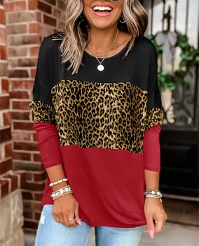 Leopard Raibs T-krekls Sieviete ar garām Piedurknēm Topi Tee Krekli, Sieviešu Apģērbu 2021. Gada Pavasara Rudens T Krekls Gadījuma Brīvs O-veida kakla Top