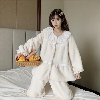 Lolita princese ziemas pidžamas komplekts ar garām piedurknēm sabiezēt jakas mežģīnes sleepwear mājas uzvalku bikses, flaneļa pijamas 2 gabals, kas Y269