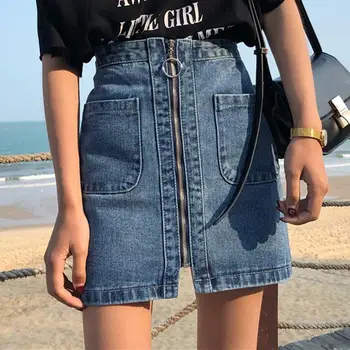 Lucyever Modes rāvējslēdzēju sieviešu džinsa mini svārki pavasara vasaras korejas augsta vidukļa-line sieviešu džinsi augstas kvalitātes mujer svārki