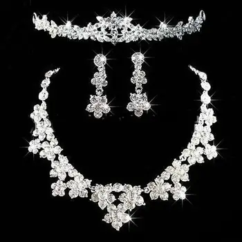 Luksusa Līgavas Rotaslietas Spīdīgu Rhinestone Cute Ziedu Vainagu, Kaklarota, Auskaru Komplekts modes