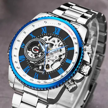 Luksusa Top Sudraba Automātisko, Mehāniskās Vīriešiem Skatīties Skelets Tērauda Aproce Self-vēja Vīriešu rokas Pulkstenis Zila Skaida Black Pulkstenis Reloj