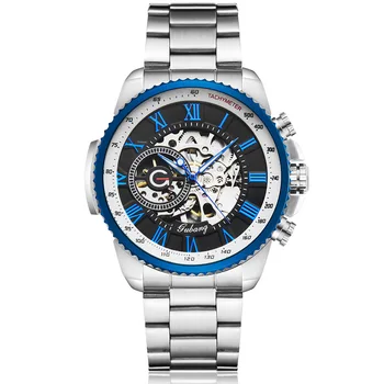 Luksusa Top Sudraba Automātisko, Mehāniskās Vīriešiem Skatīties Skelets Tērauda Aproce Self-vēja Vīriešu rokas Pulkstenis Zila Skaida Black Pulkstenis Reloj