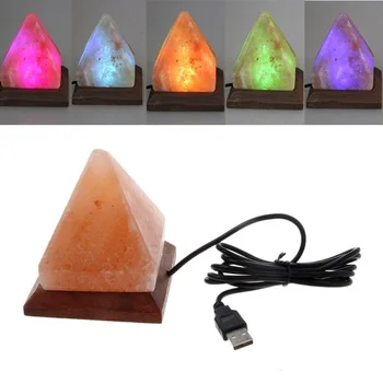 Lámpara Pirámide USB Led Sal Del Himalaya Cambio de Krāsu Multicolor Bāzes Madera Luz Colores