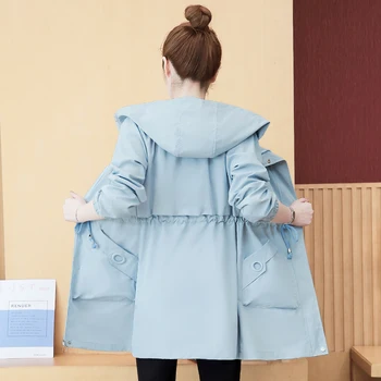 M-4XL Plus Lieluma Rozā Blue Coat Virsdrēbes Sieviešu Modes Kapuci Gadījuma Pavasarī, Rudenī Uzrakt Mētelis Sieviešu korejas Zaudēt Sievietei Drēbes