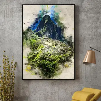 Machu Picchu, jo Akvarelis Audekla Apgleznošana Sienu Mākslas Bildes izdrukas, mājas dekoru, Sienas plakātu apdarei: dzīvojamā istaba