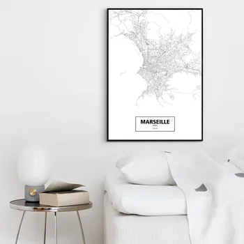 Marseļa, Francija Melna Balta Pasūtījuma Pasaules Pilsētas Karte, Plakātu, Audekls Drukāt Ziemeļvalstīm Sienas Mākslas Mājas Dekoru