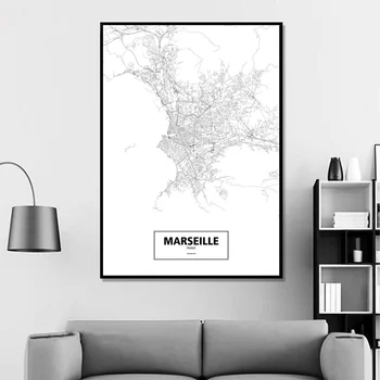 Marseļa, Francija Melna Balta Pasūtījuma Pasaules Pilsētas Karte, Plakātu, Audekls Drukāt Ziemeļvalstīm Sienas Mākslas Mājas Dekoru