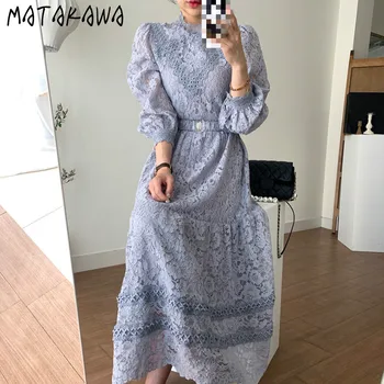 MATAKAWA Smago Mežģīņu Tamborēšanas Femme Drēbes korejas Šiks Elegants Stand Apkakli Sieviešu Kleita ar Augstu Vidukli, Lielās Šūpoles Vestidos ar Jostu