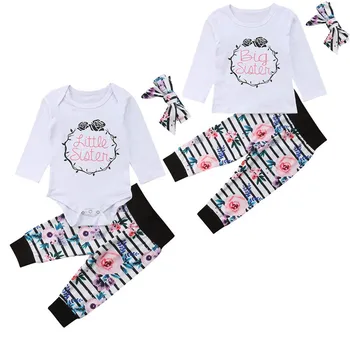 (Matching Māsas Tērpiem Lielā Māsa ar garām Piedurknēm Vēstuli Print T-krekls Little Māsa Ziedu Drukāt Romper+Bikses 3Pcs Apģērbu Komplekts