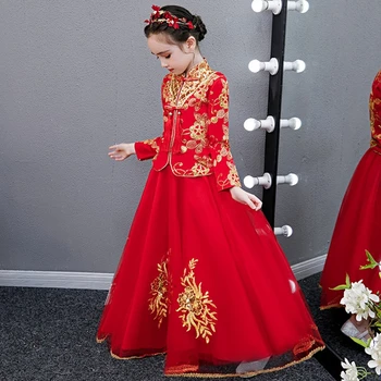 Meitene Jaunais Gads Kleita Princese Vakariņas Puse Skaistuma Mežģīnes, Izšuvumi Kleita Meitene Dejas Princess ķīniešu stila kleita