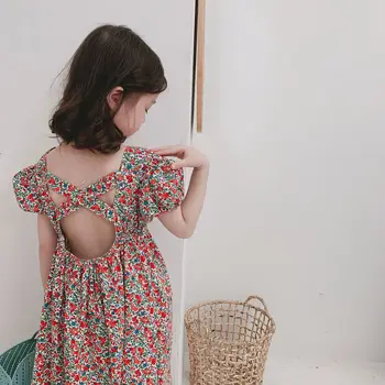 Meitene kleita 2019. gada Vasarā Jauni bērnu, Meiteņu modes ziedu kleitu open-atpakaļ kleita princese kleita