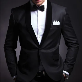 Melna Kāzu Uzvalku Līgavainis 2 Gabals Slim Fit Vīriešu Uzvalki Uzstādīt Šalle Custom Atloks Balli Biznesa Draugs Jaka ar Bikses 2020