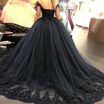 Melns Gothic Vintage Bumbu Kleita Kāzu Kleitas 2021 Princese ar Vilcienu Mežģīņu malu Noapaļošana Pie Pleca Vestidos De Novia Backless