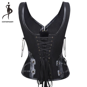 Melnās Sievietes Steampunk Apģērbu Gothic Cosplay Kostīmi Tērauda Atkaulotas Overbust Korsešu Bustier Ar G String 837#