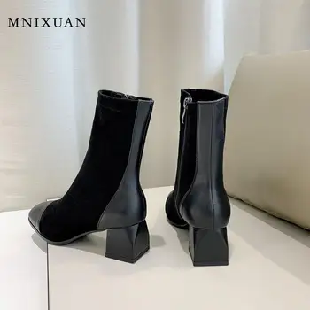 MNIXUAN krievu stilā modes kurpes sieviete 2019new kvadrātveida kājām sieviešu boot ziemas dāmas potītes zābaki, bieza augstiem papēžiem melni zābaciņi