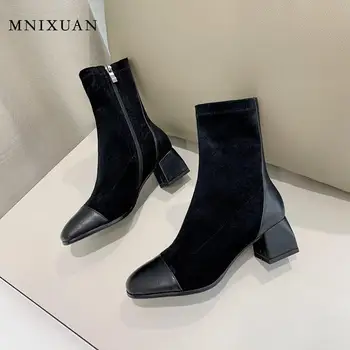 MNIXUAN krievu stilā modes kurpes sieviete 2019new kvadrātveida kājām sieviešu boot ziemas dāmas potītes zābaki, bieza augstiem papēžiem melni zābaciņi