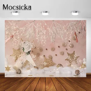 Mocsicka Jaundzimušo Bērnu Ziemassvētku Fotogrāfijas Fons Rozā Sienas Ziemā Sniegpārslas Meitene Photoshoot Par Fona Dzimšanas Dienas Rotājumi