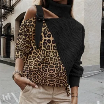 Modes Augstu Uzrullētu Apkakli Viena Pleca, Džemperi Sievietēm 2020 Rudens Ziemas Leopard Raibs Adīti Džemperi Sieviešu Topi Ar Garām Piedurknēm