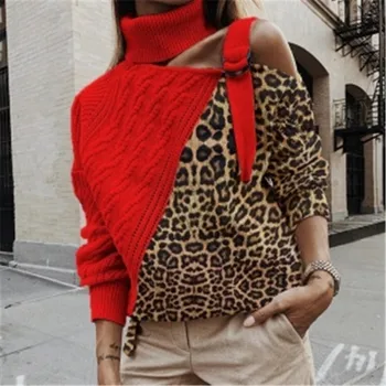 Modes Augstu Uzrullētu Apkakli Viena Pleca, Džemperi Sievietēm 2020 Rudens Ziemas Leopard Raibs Adīti Džemperi Sieviešu Topi Ar Garām Piedurknēm