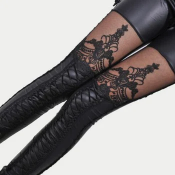 Modes Sievietes Mežģīnes-up Sexy Melnu Mākslīgās PU Ādas Mežģīņu Bikses garās Zeķes Sieviešu Modes Apģērbu, Augstas Kvalitātes Dāvanas
