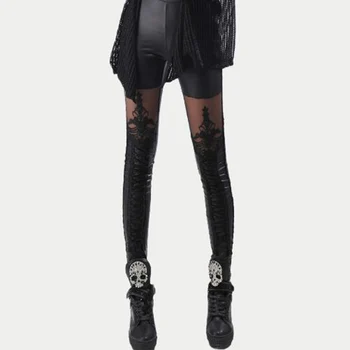 Modes Sievietes Mežģīnes-up Sexy Melnu Mākslīgās PU Ādas Mežģīņu Bikses garās Zeķes Sieviešu Modes Apģērbu, Augstas Kvalitātes Dāvanas