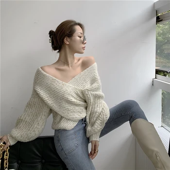 Modes sieviešu džemperis 2020. gada rudens un ziemas algu zaudēt slinks adīt džemperis laternu piedurknēm sexy krusta v-veida kakla džemperis