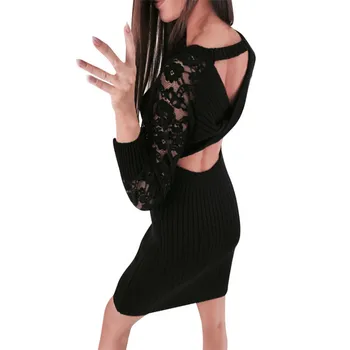 Modes Sieviešu Sexy Cietā Trikotāžas Mežģīnes Backless garām Piedurknēm Slim Mini Kleita Dāmas Gadījuma Bodycon Puse Slim Rudens Kleita