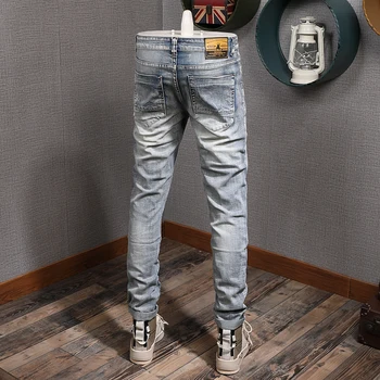 Modes Streetwear Vīriešu Džinsi Retro Zilā Mazgāt Elastīga, Pieguļoša Ripped Džinsi Vīriešu Vintage Dizainers Džinsa Bikses Hip Hop Džinsi Homme