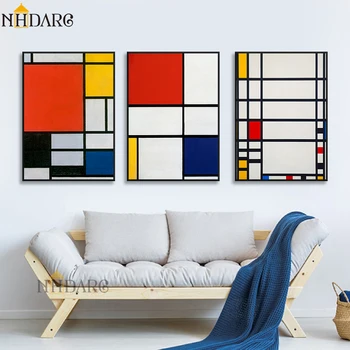 Mondrian Krāsu Bloku Abstraktā Stilā Audekls Drukāt Glezniecības Mākslas Sienas, Attēlus Dzīvojamā Istaba Viesnīcā Veranda Mājas Apdare 5215