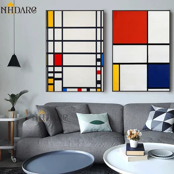Mondrian Krāsu Bloku Abstraktā Stilā Audekls Drukāt Glezniecības Mākslas Sienas, Attēlus Dzīvojamā Istaba Viesnīcā Veranda Mājas Apdare