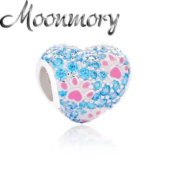 Moonmory 925 Sterling Sudraba Gudrs Pilna Blue Zircon Sirds Biezumu Fit DIY Sieviešu Aproces & Aproces Rozā Suņa Pēdas Krelles, Rotas