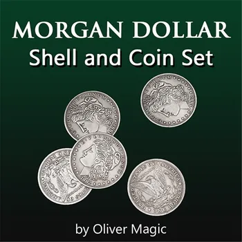 Morgan Dolāru Shell un Monētu Komplekts (5 Monētas + 1 Vadītājs Shell), Burvju Triki Slēgt Ilūzijas Veidojums Prop Monētas Magia