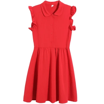 Mori cute meitene sarkanā kleitā jaunu vasaras modes peter pan apkakli vintage cietā kleita