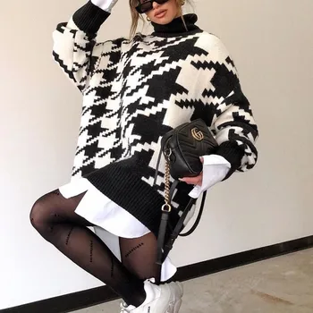 MosiMolly Atdzist Pleds Džemperis Džemperis Adījumiem Sieviešu Loungewear Turetleneck Lielajam Džemperis 