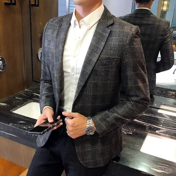MYAZHOU zīmolu vīriešu pleds vilnas žakete Slim korejas vīriešu dizainers svītrainais uzvalks jaka ikdienas uzņēmējdarbības sociālās vīriešu uzvalku izmēra 5XL