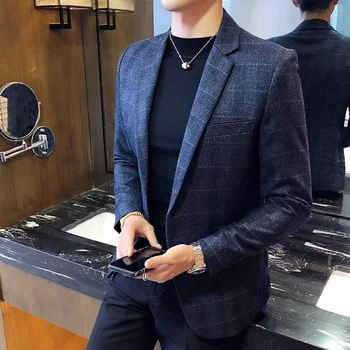 MYAZHOU zīmolu vīriešu pleds vilnas žakete Slim korejas vīriešu dizainers svītrainais uzvalks jaka ikdienas uzņēmējdarbības sociālās vīriešu uzvalku izmēra 5XL