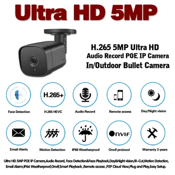 Mājās Sejas Noteikšanas CCTV Drošības Novērošanas Kameras Āra Iela Ūdensizturīgs Bullet HD Kameras 5MP Camera POE Onvif Xmeye