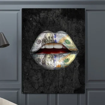 Mūsdienu Black Seksīgas Lūpas ar Dolāru Zemes Kanvas Glezna Plakāti un Izdrukas Sienas, Attēlus Dzīvojamā Istaba Cuadros Mājas Dekoru