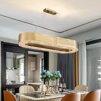 Mūsdienu ovāls kristāla lustras, lai dzīvojamā istaba taisnstūra zelta nerūsējošā tērauda iekštelpu apgaismojums virtuves salu karājas lampas