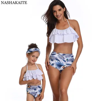 NASHAKAITE Māmiņa un man peldkostīmu Lapu Drukas Mežģīņu Augsta Vidukļa Bikini Komplekts Vasaras Matching Peldkostīmu Mamma Meitai Ģimenes Peldkostīmi