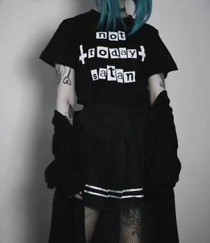 Ne Šodien Sātans Sieviešu Pastelis Goth T-Krekls Japāņu Modes Grunge Tee Black Atdzist Vasaras grafiskais saukli tumblr goth Topi - L011